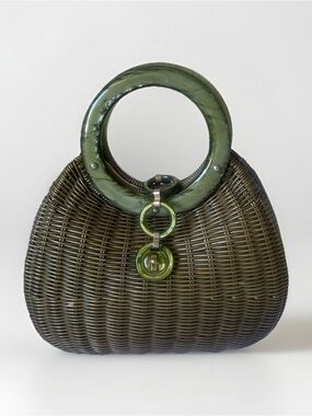 VINTAGE LESCO LONA OLIVE WICKER AND PLASTIC CLAMSHELL PURSE HANDBAG 1960'S